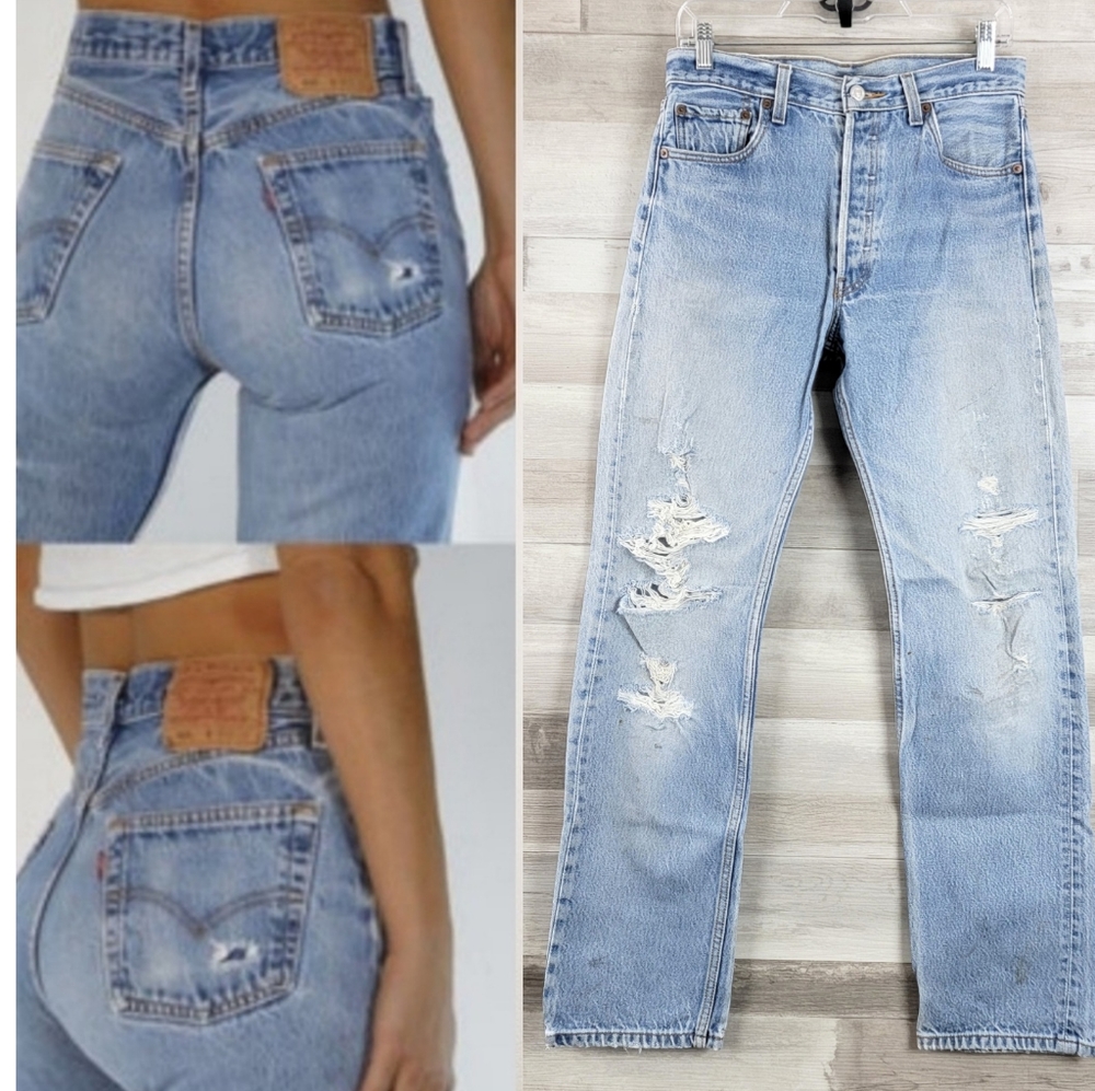 08 Levi's 501 Distressed low-Waist Straight Leg Jeans Size 30×32